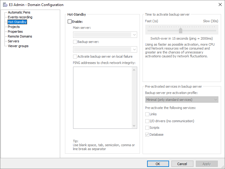Domains Configuration Hot Standby Tab