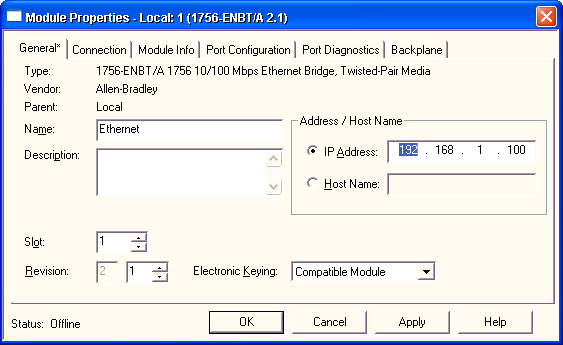Defining an IP address on RSLogix 5000 application