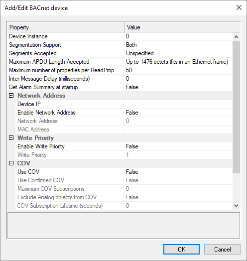 Add/Edit BACnet device window
