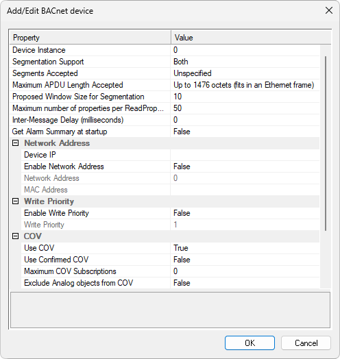 Add/Edit BACnet device window