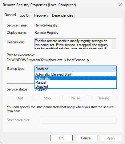 Startup type of Remote Registry service