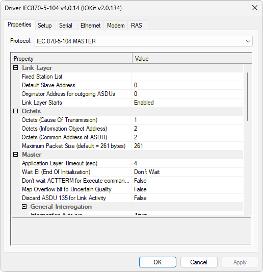 Properties tab of IEC870-104 Driver