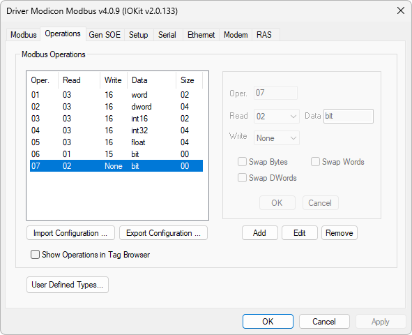Operations tab of this Driver's configuration window