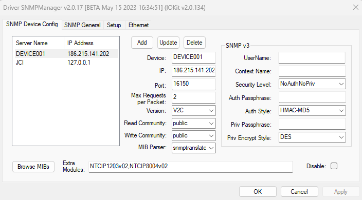 SNMP Device Config tab