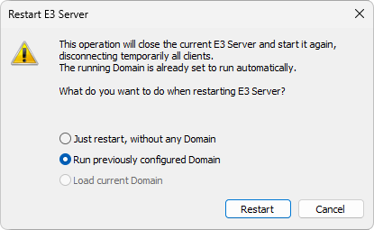Options to restart an E3 Server with start up configured