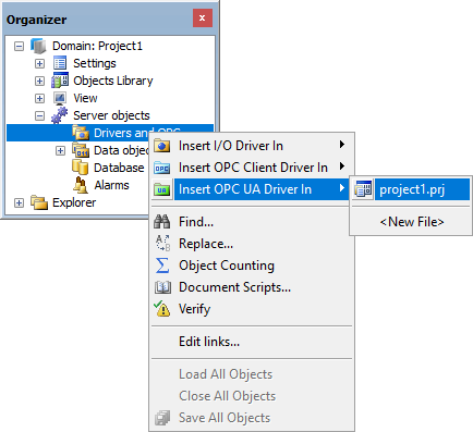 Inserting an OPC UA Driver in Domain mode