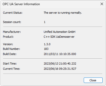 OPC UA Server Information window