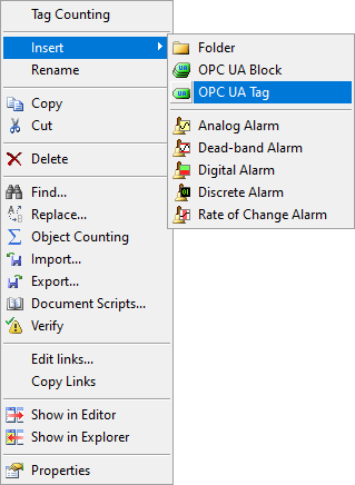 Inserting an OPC UA Tag