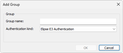 Add Group window with Elipse E3 authentication