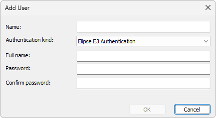 Add User window with Elipse E3 authentication