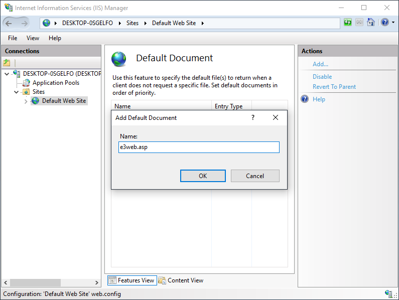 IIS Add Default Document window on Windows 10