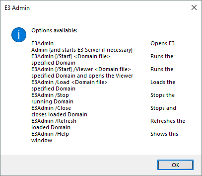 Dialog box with E3 Admin's command prompt options