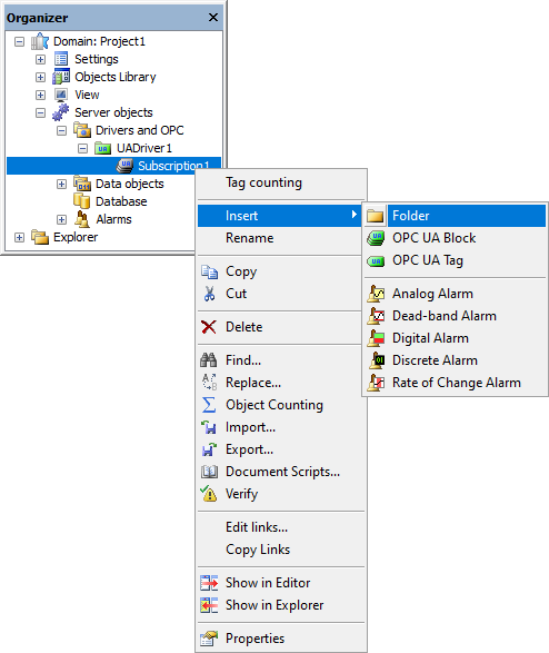 Inserting an OPC UA Folder