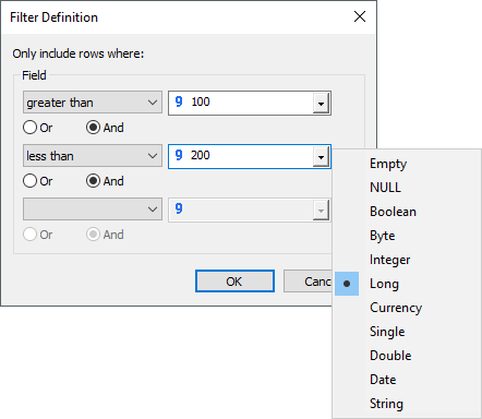 Settings to define a data type