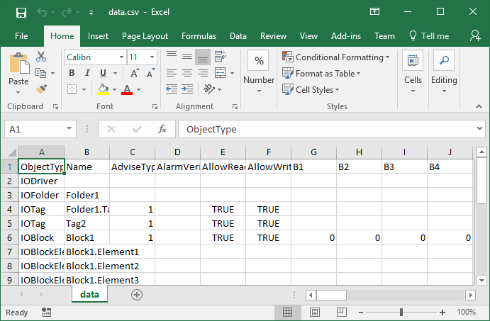 A CSV file viewed in Excel