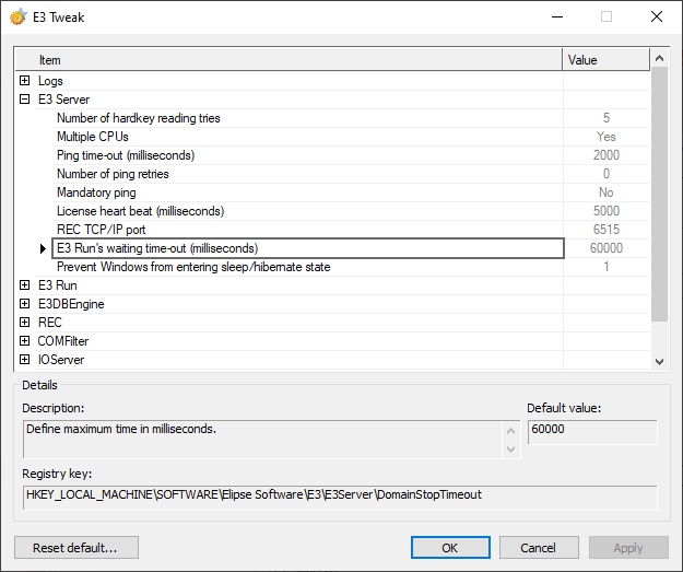 E3Run's waiting time-out (milliseconds) options