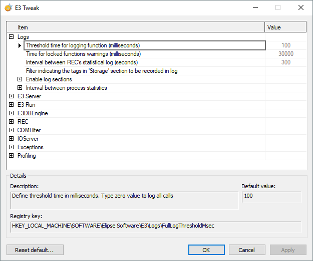 Threshold time for logging function (milliseconds) option