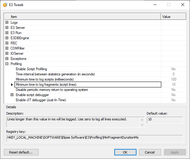 Minimum time to log fragments (script lines) option