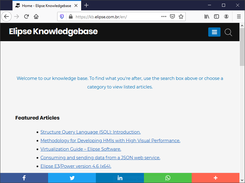 Initial page of Elipse Knowledgebase