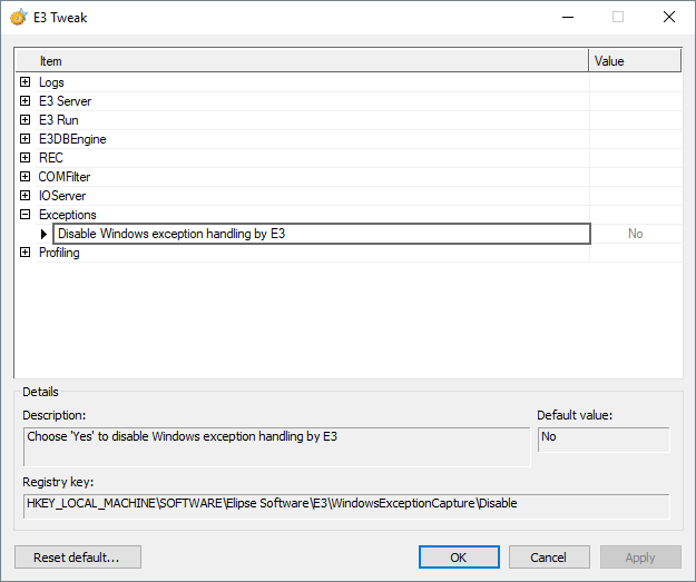 Disable Windows exception handling by E3 option