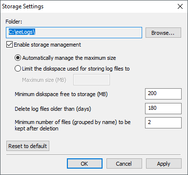 Storage Settings window