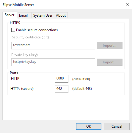 Elipse Mobile Server settings window