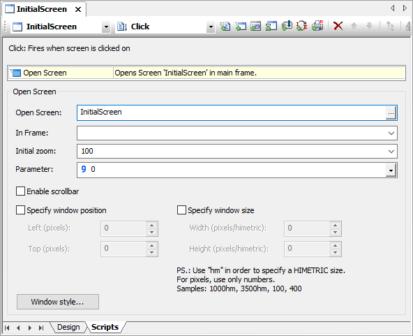 Settings for the Open Screen Pick