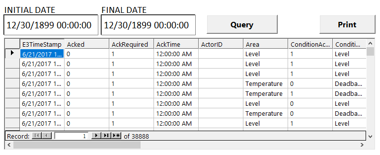 Screen for querying alarms