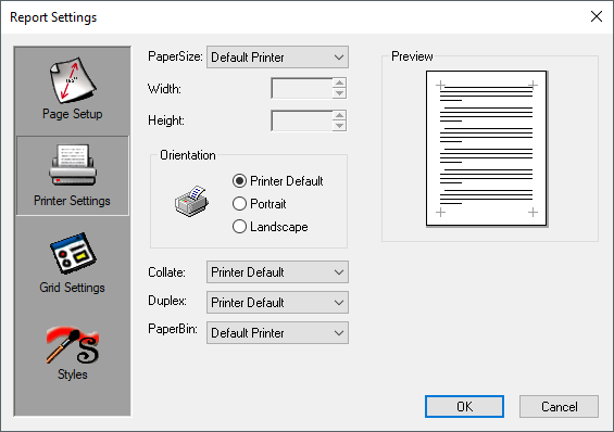 Report's Printer Settings