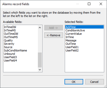 Fields on the alarm table