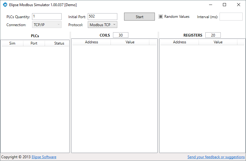 Elipse Modbus Simulator's main window