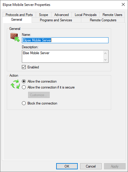 Properties window of the Inbound Rule