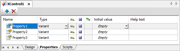 Properties tab of an XControl