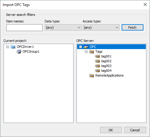 Import OPC Tags window