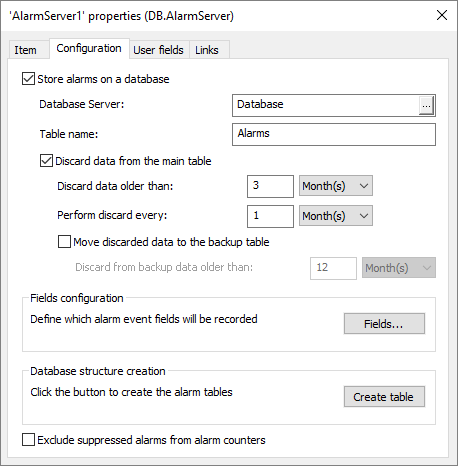 Configuration tab of an Alarm Server