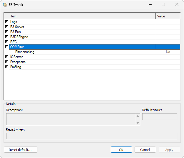 COM filter configuration