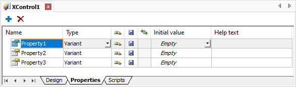 Properties tab of an XControl