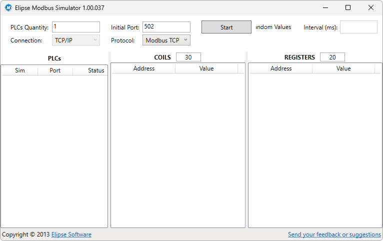 Elipse Modbus Simulator's main window