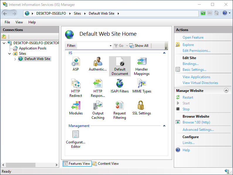 IIS Default Document on Windows 10