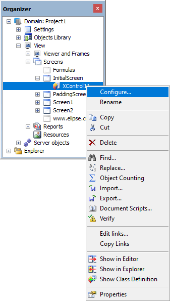 Contextual menu of an ElipseX instance Contextual menu of an ElipseX instance
