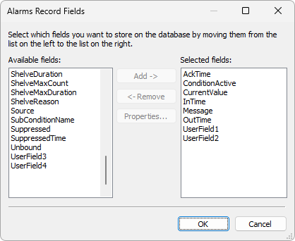 Fields on the Alarm table Fields on the Alarm table