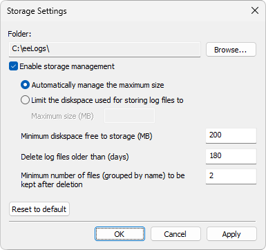 Storage Settings window Storage Settings window