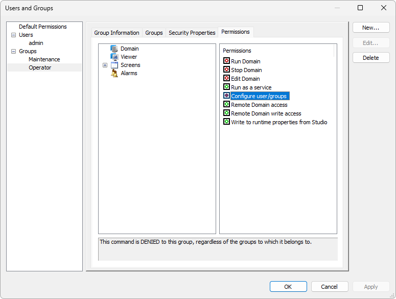 Configure users/groups permission disabled for the Operator group Configure users/groups permission disabled for the Operator group