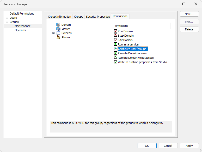 Configure users/groups permission enabled for the Maintenance group Configure users/groups permission enabled for the Maintenance group