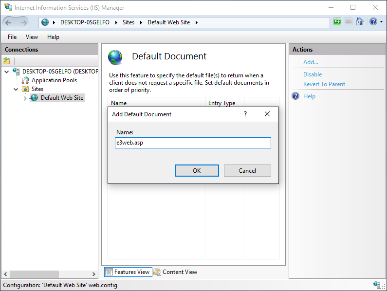 IIS Add Default Document window on Windows 10 IIS Add Default Document window on Windows 10