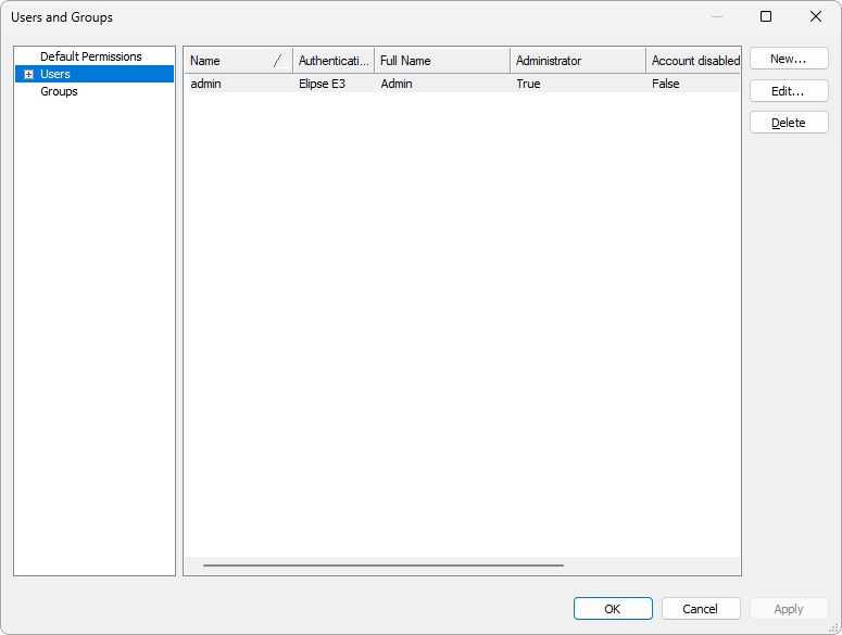 Window for user administration Window for user administration