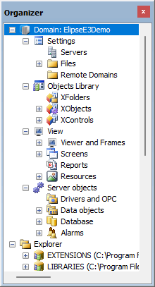 Organizer window in Domain mode Organizer window in Domain mode