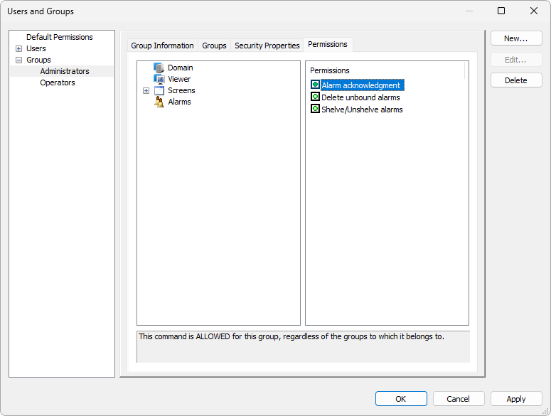 Permission to acknowledge Alarms allowed for the Administrators group Permission to acknowledge Alarms allowed for the Administrators group