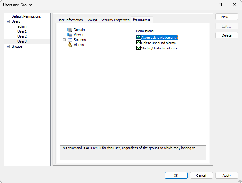 Permission to acknowledge Alarms allowed for a user Permission to acknowledge Alarms allowed for a user
