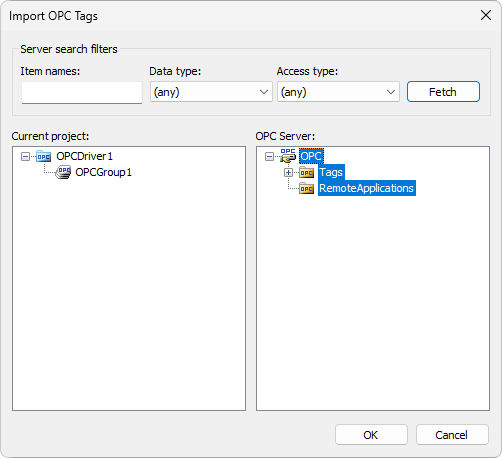 Import OPC Tags window